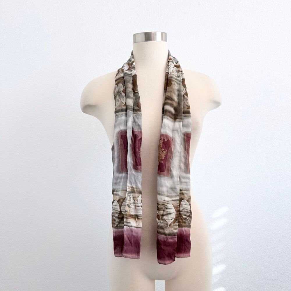 Printed Silk Echo Scarf Leaf Leaves Burgundy Grey White Cream VTG
